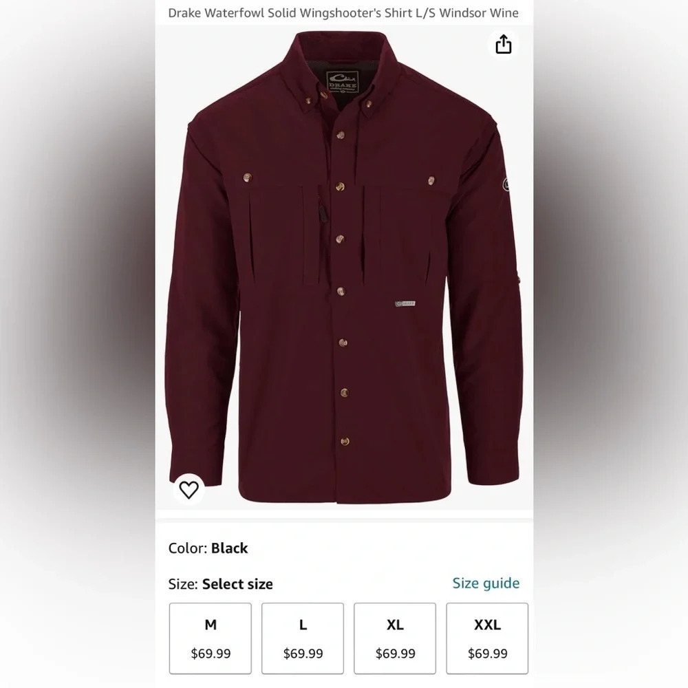Drake Men’s Waterfowl Solid Wingshooter’s L/S Shirt Windsor Wine Size Small